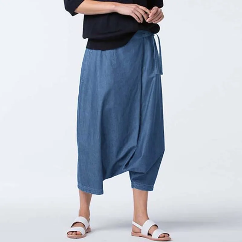 Light Blue ZANZEA, женские повседневные джинсовые синие брюки размера плюс, летние штаны с заниженным шаговым швом, штаны в стиле хип-хоп, винтажные однотонные штаны-шаровары на шнуровке - Цвет: Light Blue