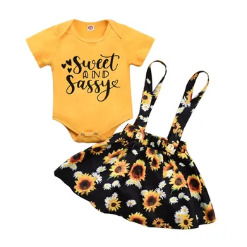 

0-24M Baby Girls 2 Pcs Set Sweet And Sassy Letter Romper Top Suspender Flower Skirt For Girls Casual Clothes Set Toddler Outfits