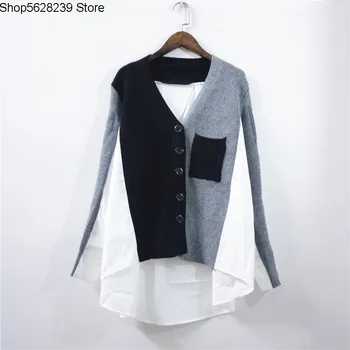 

Women's Wear Contrast Color V Collar Loose Short Front And Long Back Back Spell Shirt Buxian Slender Sleeve Knitting Cardigan