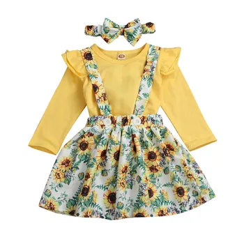 

3 Pieces Set Newborn Baby Girl Clothes Set Yellow T-Shirts For Girls Floral Overalls Headband Newborn Outfit Baby Girls Clothing