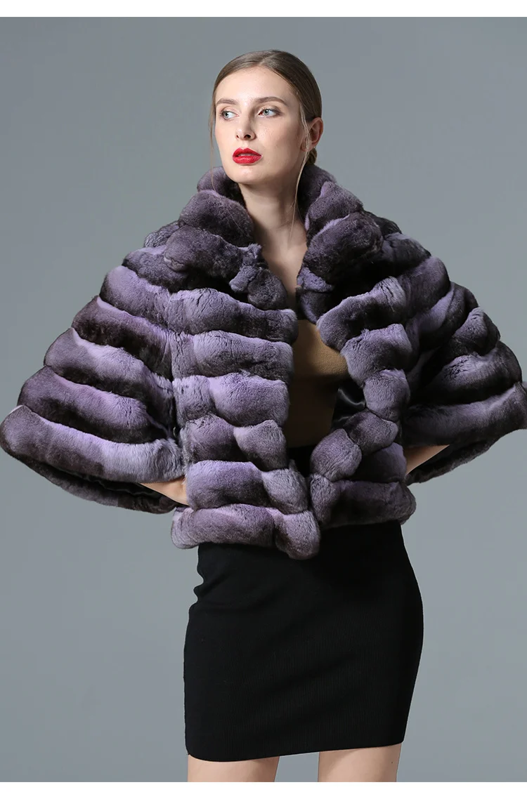 

FURSARCAR 2020 New Blue Real Rax Rabbit Fur Coat Women Warm Fashion Outerwear Flare Half Sleeve With Pocket Mandarin collar