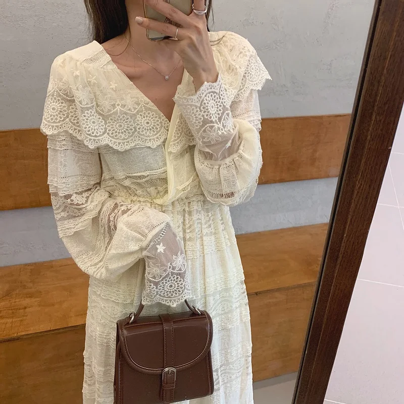 Tonglord Women Lace Dress 2020 Spring Summer New Female Long Sleeve V-neck Princess Party Dresses Elegant A-line Vestidos Femme