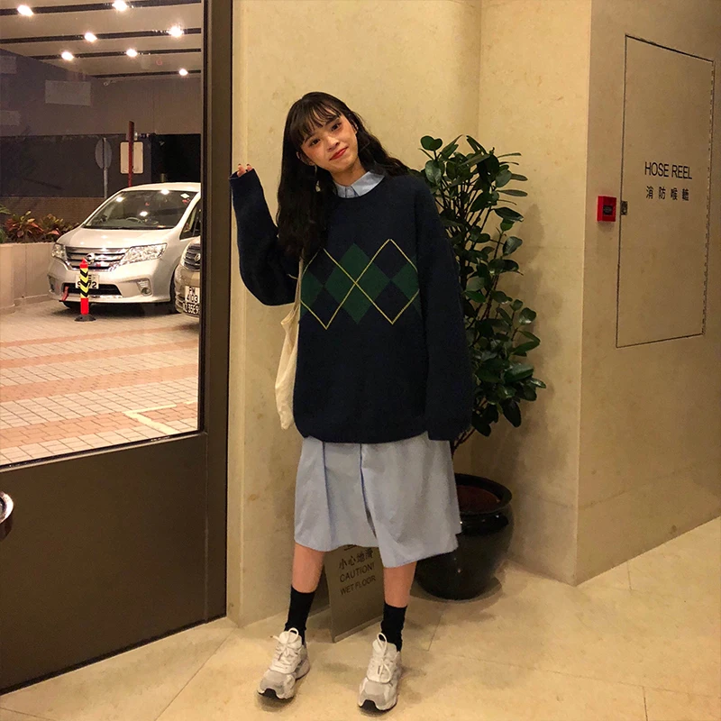 Geometric Pattern Fashion Basic Hit Casual Regular 2020 Female Women Long Sleeve All Match College Wind Hit Hot Sale Sweaters 2