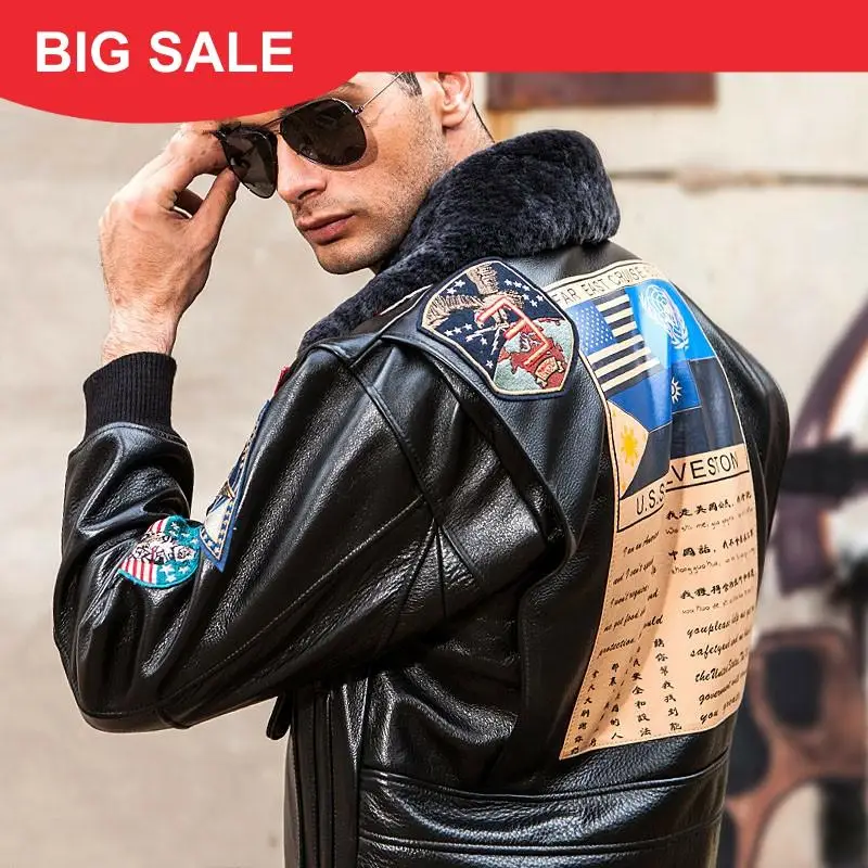 

2020 Men Black Top Gun Leather Pilot Jacket Plus Size 3XL Wool Collar Genuine Cowhide Military Leather Pilot Coat Can Customized