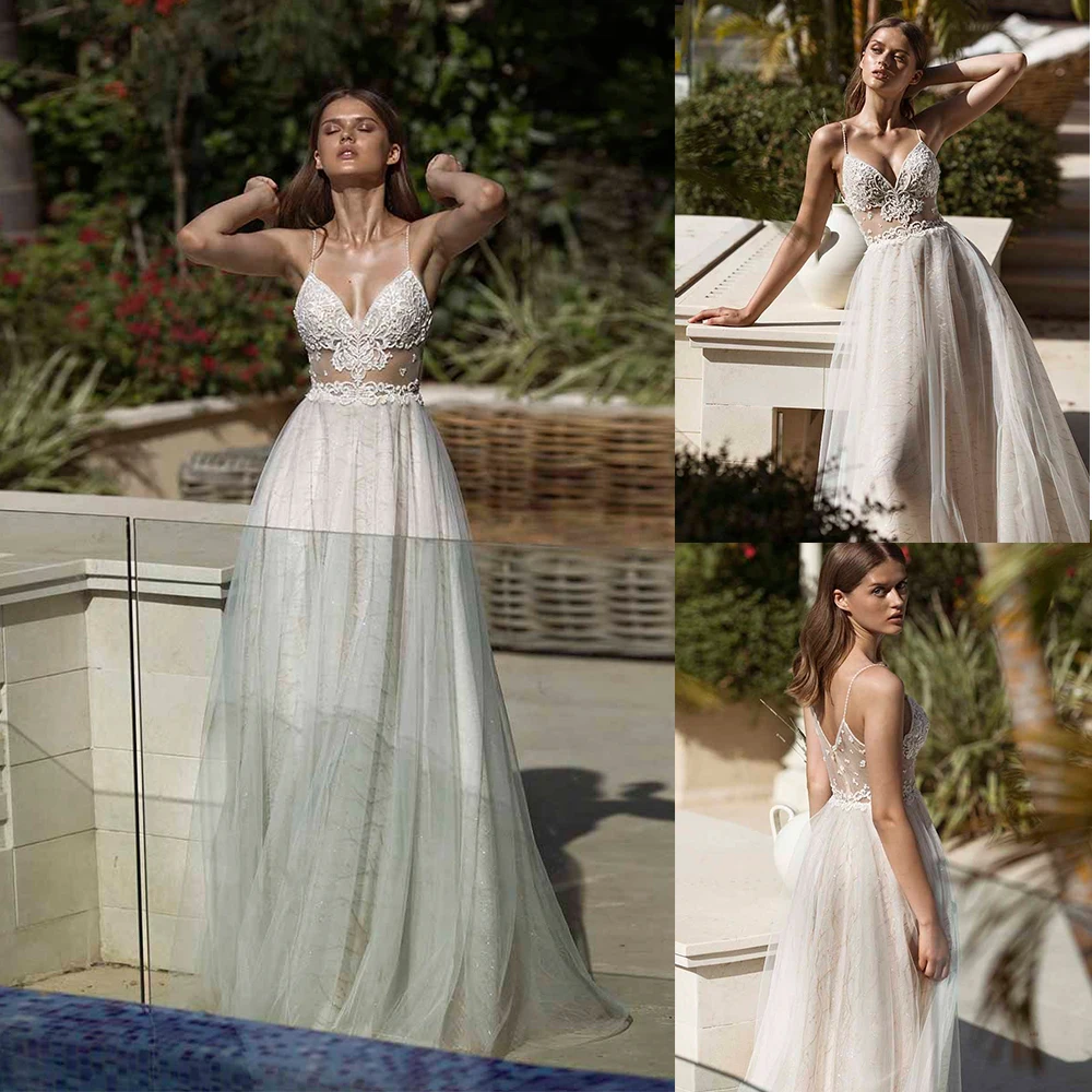 

2020 Wedding Dresses Spaghetti Straps Lace Appliques Beach Bridal Gowns Sexy Backless Sweep Train A Line Wedding Dress