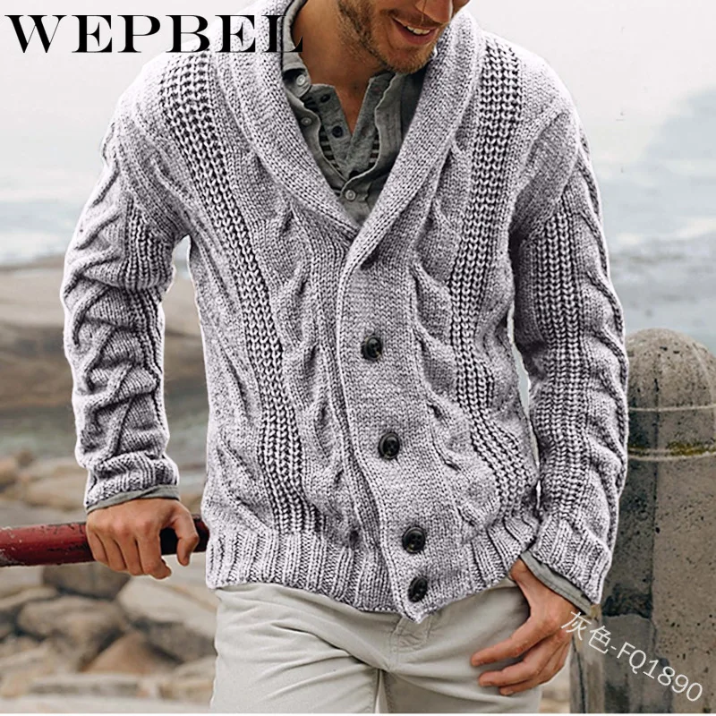 

WEPBEL Autumn Winter Solid Color Knitted Sweater Men's Long Sleeve Single-Breasted Cardigan Turn-down Collar Sweater Coat