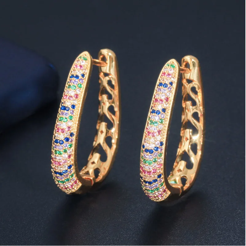 Yellow Gold Threegraces роскошный кубический камень цирконий желтый золотой цвет большие круглые серьги-кольца ювелирные изделия для женщин для свадебного банкета, вечеринки E0310 - Окраска металла: Yellow Gold