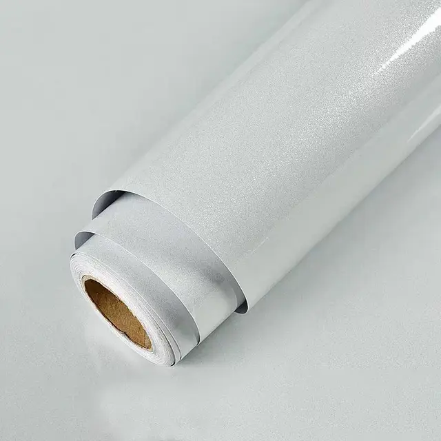 Shiny White Self-Adhesive Peel & Stick in Rolls Waterproof Wallpaper Furniture Films PVC Oil-proof Wall Stickers Kitchen Cabinet Shiny Grey