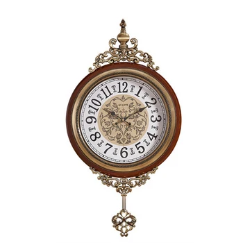 

Wood Large Swingable Wall Clock Gold Metal Classic Pendulum Modern European Decorative Mute Living Room Home Design