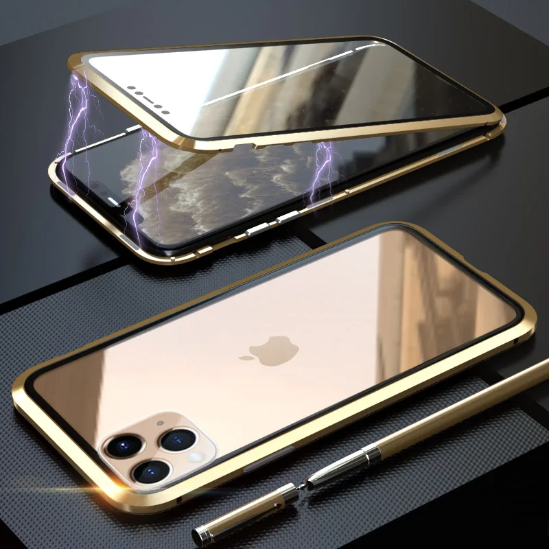 Gold 360 Полный корпус чехол для телефона для iPhone 11 Pro Max чехол 360 магнит чехол s для iPhone 11 Pro Max чехол s металлический чехол Bumber - Цвет: Gold