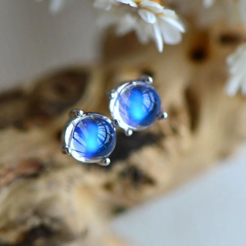 Целлюлозность круглый синий лунный камень запонка с опалом серьги для женщин 925 стерлингового серебра ювелирные изделия стильные серьги оптом подарок - Цвет камня: Синий