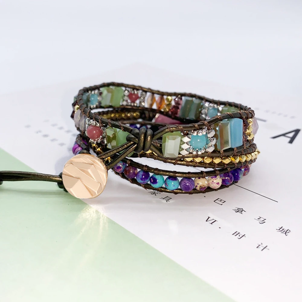 3Layers Black Leather Woven Wrap Bracelet Natural Emperor Stone Crystal Big Rhodochrosite Charm Bracelets Vintage Femme Jewelry