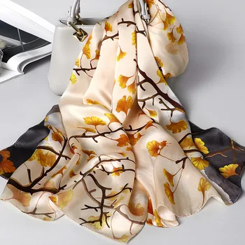 

100% Silk Scarves and Shawls Fashion Floral Print Kerchief Long Wraps Hijab Scarf Female 170*53cm Beach Shawl Neck Scarfs Yellow