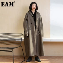 [EAM] длинное ассиметричное шерстяное пальто свободного кроя коричневого цвета, парки, новинка, длинный рукав, женская мода, Осень-зима, 1D15604
