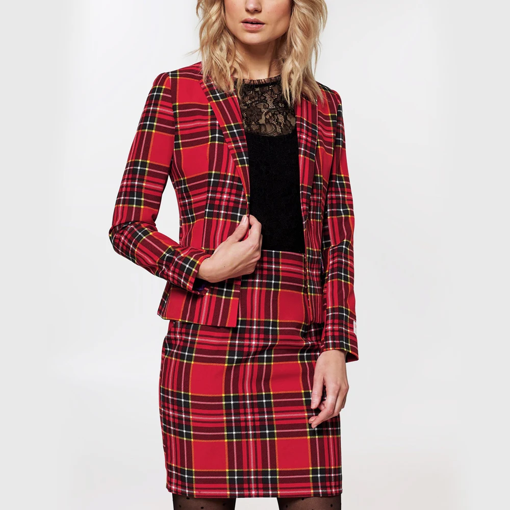 Christmas Blazer Two Piece Set Women 2020 Autumn Long Sleeve Single Button Blazer Coat+Print Skirt Suit Slim Office Party Outfit