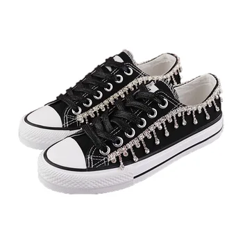 

Luxury Designer Black Canvas Casual Shoes Woman Bling Rhinestone Women's Sneaker Platform Crystal Wedding Flats Vulcanized Shoes