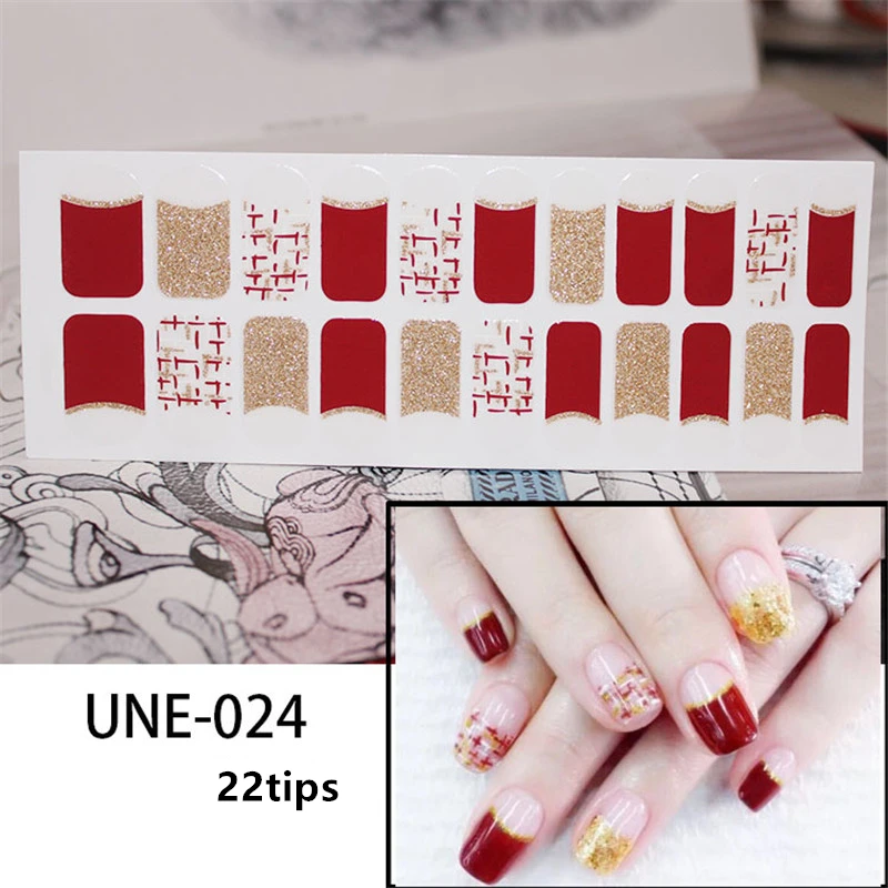 22 Типсы/лист для дизайна ногтей, полное покрытие, самоклеющиеся наклейки, полированная фольга, Переводные советы, обертывания, 3D Водонепроницаемый Маникюр-наклейки для ногтей - Цвет: UNE024