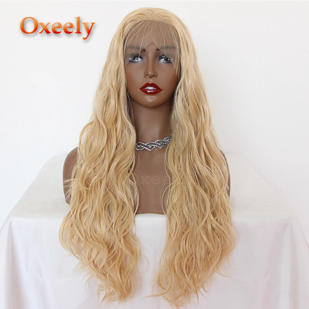 Oxeely blonde long loose wave synthetic lace front wig blonde color with baby hair heat resistant for women1