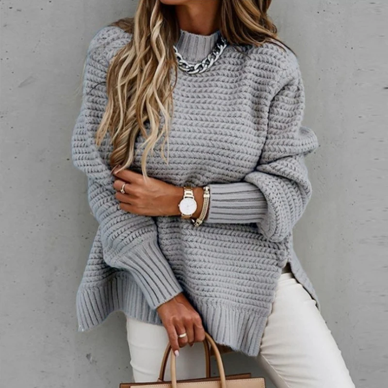 Autumn Winter Women Warm Casual Daily Wear Going Out Pullover Oversized Long Sleeve Mock Neck Split Hem Rib-knit Sweater | Женская