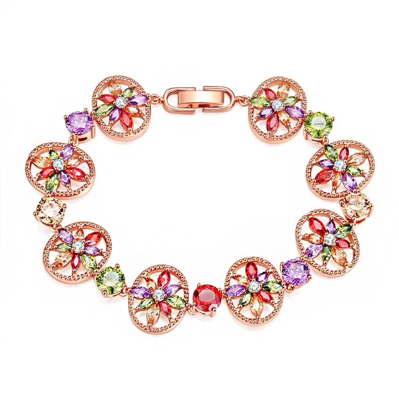 Роскошный круглый цветной браслет с цирконием и кристаллами, женские модные вечерние ювелирные изделия, отделка из розового золота, CZ браслет, подарок на день рождения