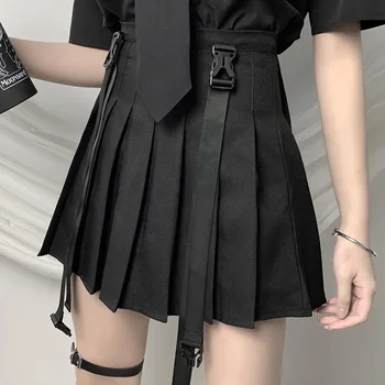 

New Style Ins College Wind Strap Pleated Skirt High Waist Slim Student Skirt Functional Wind Gothic Women's Dress Clothing Black