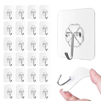 

24Pcs Transparent Wall Hooks Waterproof Oilproof Self Adhesive Hooks Reusable Seamless Hanging Hook For Kitchen Bathroom #Y20