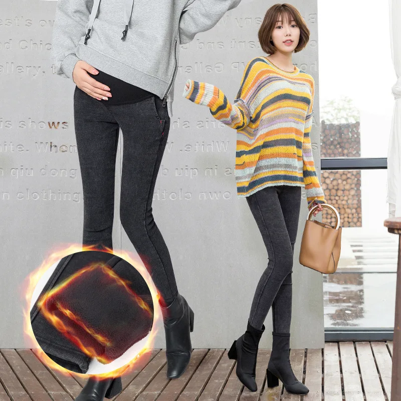Womens Pregnant Warm Leggings High Waist Imitation Denim Jeans Autumn Winter Pencil Pants Plus Velvet & No Velvet For Pregnancy