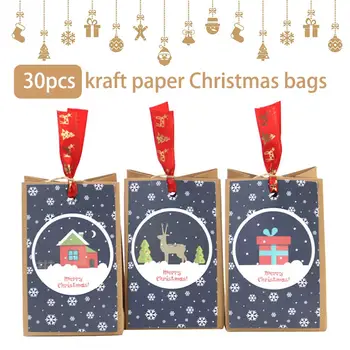 

30PCS Kraft Paper Candy Biscuit Bags Christmas Pattern Square Bottom Bag Dining West Point Cake Packing Paper Bag