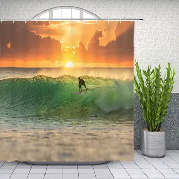 

Ocean Wave Landscape Shower Curtain Surf Sport Golden Sunshine Bathroom Decor Background Waterproof and Polyester Fabric Home