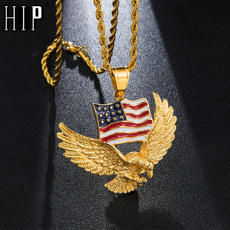 Хип хоп Iced Out Bling американский флаг Орел покрытый стразами ожерелье и подвески из