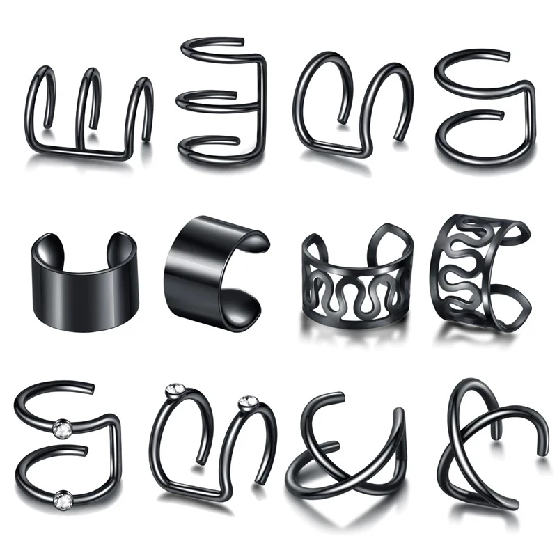 Stainelss Steel Clip On Ear Cuff Earrings Fake Cartilage Earrings 12pc Non Piercing Clip On Set For Women ear clip earrings,clip earrings,ear clip,ear accessories