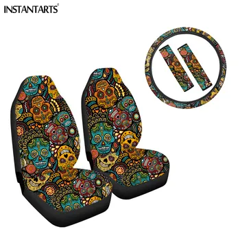 

INSTANTARTS Sugar Skull Pattern Set of 5 Vehicle Seat Cushion Washable Protection Car Steering Wheel Cover Seat Belt Sets Covers