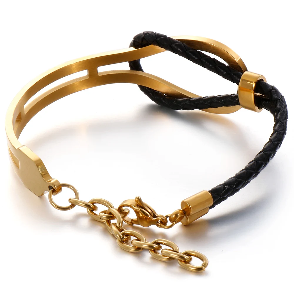 Adjustable Double Layer Leather Bracelet Man Gold/Black Stainless Steel Mens Wrap Bracelets Male Bangles Personalized Jewelry