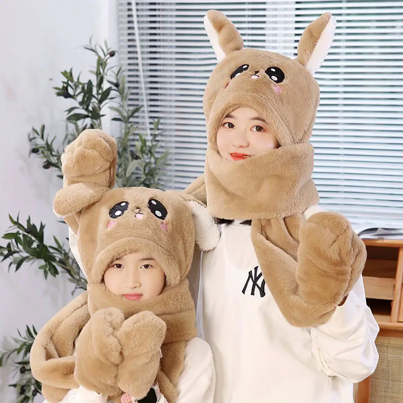 

Parent Child Plush Animal 3 in 1 Furry Hoodie Hat Scarf and Gloves Funny Bunny Rabbit Hat Moving Ears for Kids Teen Girls Women