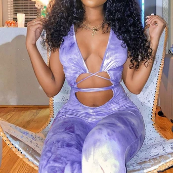 

Sexy Jumpsuit For Women Strap Low-Cut Halter Rompers Womens Streetwear New Tie-Dye Print Jumpsuits Summer 2020
