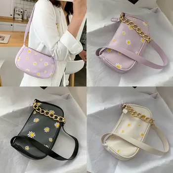 

Retro Daisy Printed Handbag White Purple Black Armpit Bag Underarm Shoulder Bag Clutch Elegant Chain Female Tote Shoulder Bag