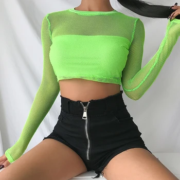 

Women Summer Crop Top Mesh Fabric Long Sleeve Patchwork Tops Clothes T Shirt T-Shirt Autumn Tops Green Yellow Orange