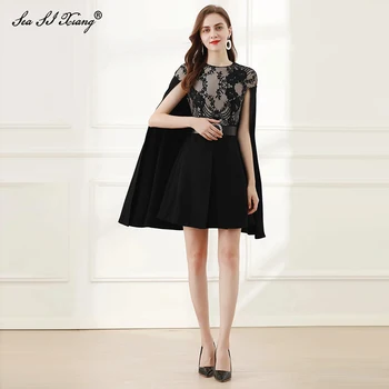

Seasixiang Fashion Designer Autumn Women's Dresses O-Neck Cloak Sleeves Diamonds Sashes Lace Patchwork Dress