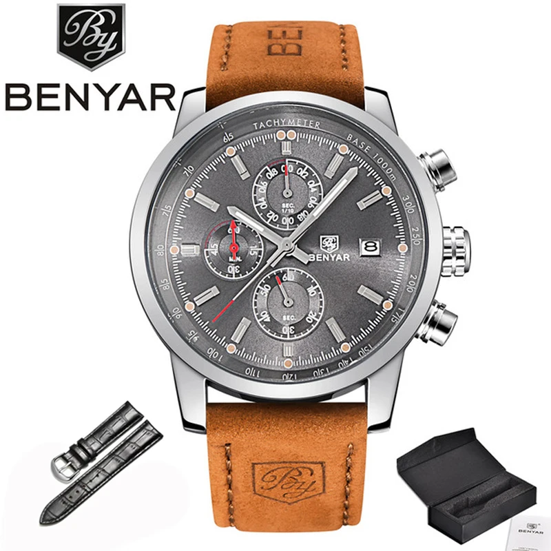 Silver Gray BENYAR часы мужские роскошные брендовые кварцевые часы модные хронограф часы Reloj Hombre спортивные часы мужские часы Relogio Masculino - Цвет: Silver Gray