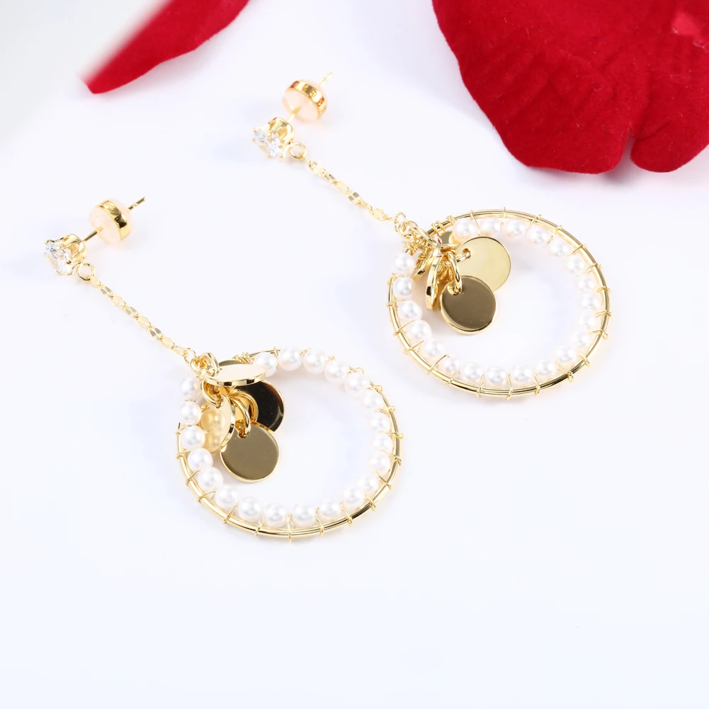 

KIVN Earings Fashion Jewelry Female Pearl Round Disc Gold Long Dangle Earrings for Women Jewel Christmas Pary Birthday Gifts