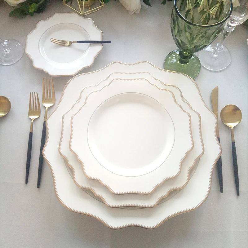 1 шт. Irregualr Sawtooth фарфоровые обеденные тарелки для свадьбы Золотая инкрустация Цветочная тарелка столовая посуда и тарелки белые 13 дюймов