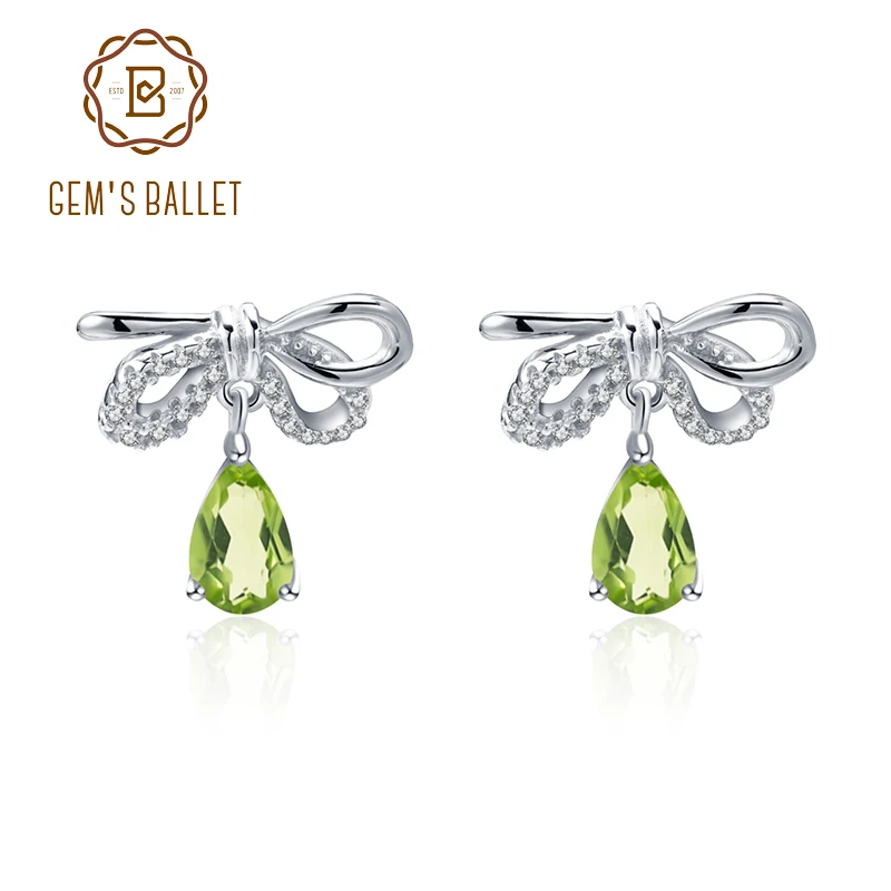 

GEM'S BALLET 925 Sterling Silver Bow Earrings 1.83Ct Natural Peridot Gemstone Stud Earrings Genuine for Women Party Fine Jewelry