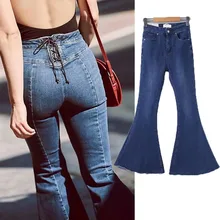 Denim High Waist Flared Jeans Women With Back Lace Up Dark Blue Big Bell Bottom Skinny Pants Vintage Ladis Trousers Fashion 0237