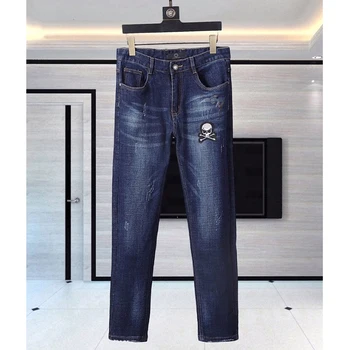 

skull head fashion PP embroidery four season jeans casual slim blue elastic straight leg men's pants