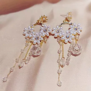 

Korean Fashion Green Crystal Flower Petal Drop Earrings Mujer Moda Elegant Pearl Tassel Pendientes Holiday Jewelry