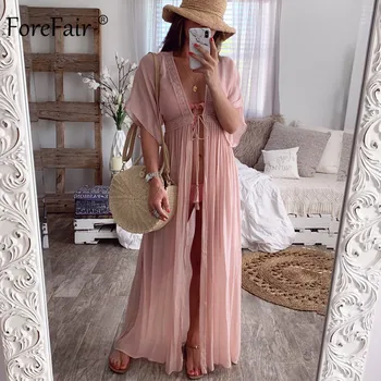

Forefair Beach Tunic Lace Transparent Long Summer Sexy Solid Sheer Cover Up Clock 2020 Women Beach Dress