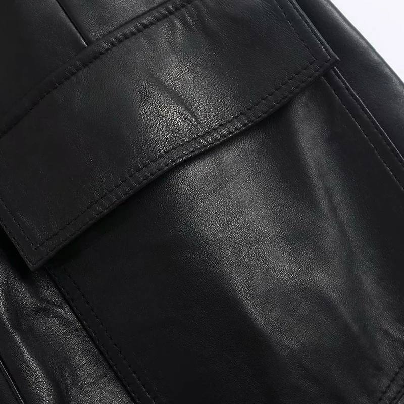 Kz990 европейские осенние весенние двойные карманы базовые черные брюки из искусственной кожи женские брюки из искусственной кожи