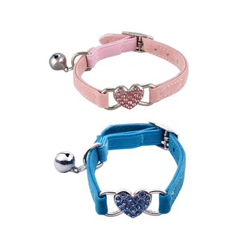 

2x Heart Charm and Bell Cat Collar Safety Elastic Adjustable with Soft Velvet Collar Pet Product Small S Pink & Blue