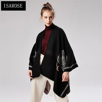 

ISAROSE Women Irregular Poncho Floral Flower V Neck Fashion Cardigan Capes Winter Outdoor Indoor Warm Shawl Batwing Sleeve Cloak
