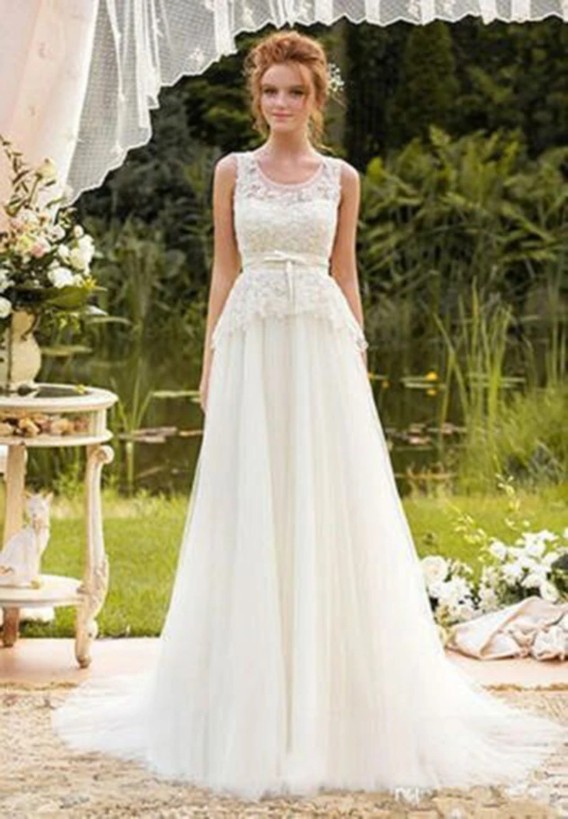 

New Design A Line Wedding Dress Jewel Chiffon Sweep Train Country Beach Bridal Gowns Plus Size With Bow Custom Made